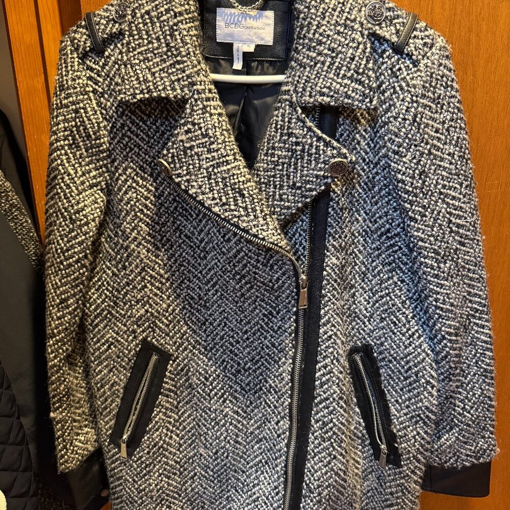 Women's wool coat with black faux leather trim